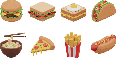Delicious Fast Food Icon Set with Burgers Sandwiches Pizza Fries Tacos Hotdog and Noodles
