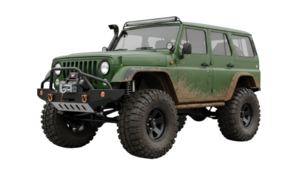 Green rugged off-road suv with muddy tires and powerful winch isolated on transparent background