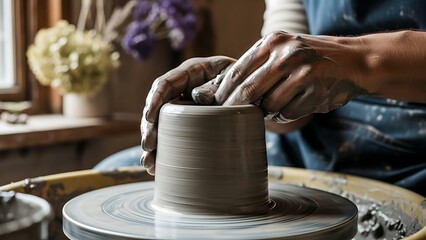 Close-up of a person's hands skillfully shaping wet clay on a spinning pottery wheel in a workshop setting.