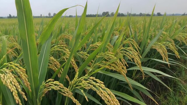 Close-up panoramic material of mature rice fields