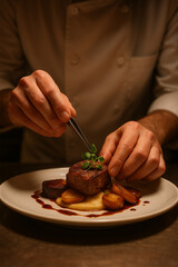 Chef's hands meticulously garnishing a gourmet steak dish with fresh herbs using tweezers in a warm-lit kitchen setting.