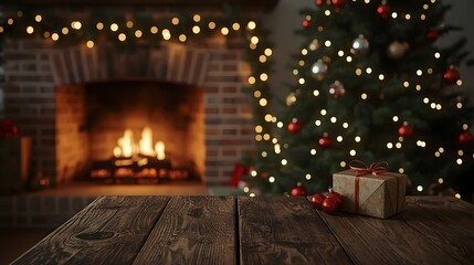 Fototapeta premium Cozy Christmas Scene with Fireplace, Decorated Tree, and Gift on Rustic Wooden Table