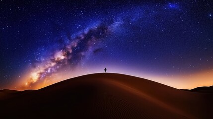 Person Silhouetted Against Milky Way Over Desert Dunes