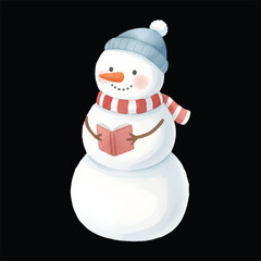 Cute snowman reading a book, watercolor vector winter illustration, isolated on transparent background
