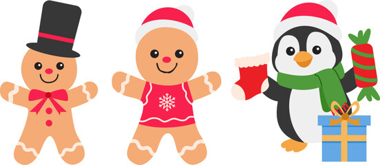 A cute Christmas character set featuring gingerbread boy, gingerbread girl, and penguin with gifts for festive holiday celebration illustrations.