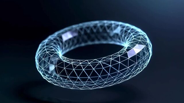 Abstract Torus Geometric Shape Wireframe Loop Motion on Dark Background Dynamic Low Poly donut Animation Footage Visual Element