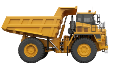 Robust yellow off-highway dump truck for mining construction isolated on transparent background