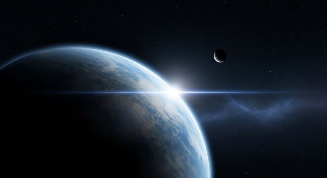 Cosmic dawn breaking over a habitable world in deep space.