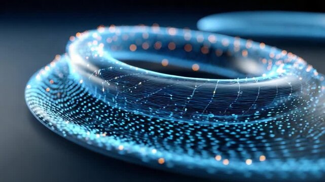Digital Ring: An abstract digital ring pulsates with data streams, symbolizing the interconnectedness of modern technology. Its transparent structure and glowing light effects embody innovation.
