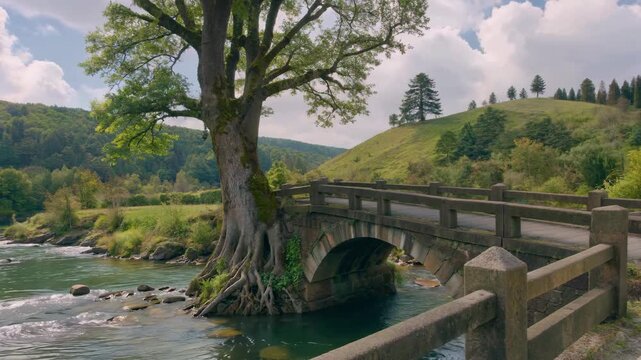 Natural scenery of large trees next to the river stone bridge