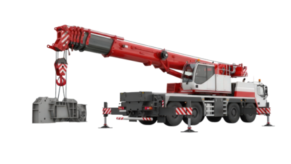 Red and white heavy duty mobile crane lifting industrial load isolated on transparent background