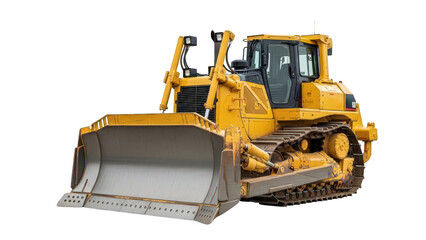 Obraz premium Heavy duty yellow track-type bulldozer with large front blade isolated on transparent background
