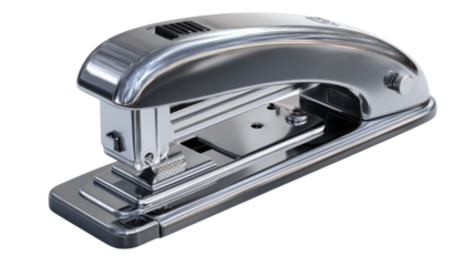 Vintage chrome stapler showing office stationery supplies for workspace organization on transparent background