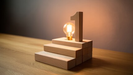 Illumination of the First Step: A conceptual arrangement, symbolizing the initial stage of growth, with a glowing bulb perched on wooden steps, complemented by the number 1, signifying achievement. 