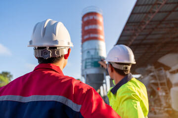 Two supervisors inspect a small cement silo at a concrete batching plant, focusing on ready-mix production and site management.
