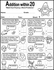 Addition within 20, match fact fluency time test word problem worksheet set, Christmas themed sheet 1, activity for kids, fit for 8.5”x11” size
