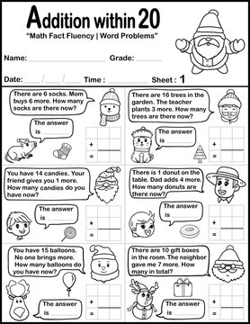 Addition within 20, match fact fluency time test word problem worksheet set, Christmas themed sheet 1, activity for kids, fit for 8.5&rdquo;x11&rdquo; size