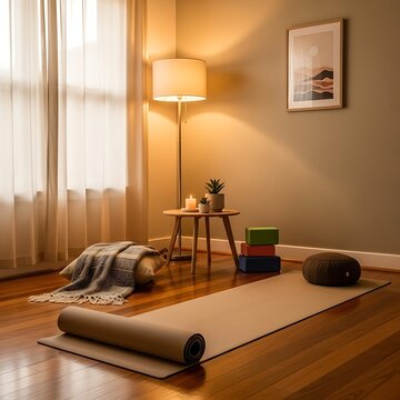 Cozy Home Yoga Studio with Warm Lighting and Meditation Essentials.
