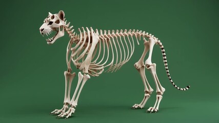 A detailed anatomical rendering of a big cat skeleton, standing against a solid green background, showcasing its complete bone structure.