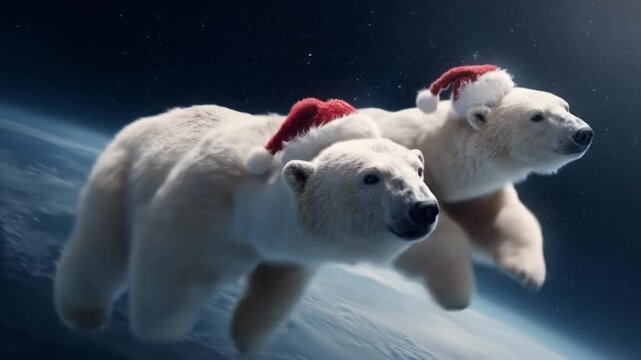 Two polar bears in Santa hats float above Earth, drifting through starry space, cheerful and surreal