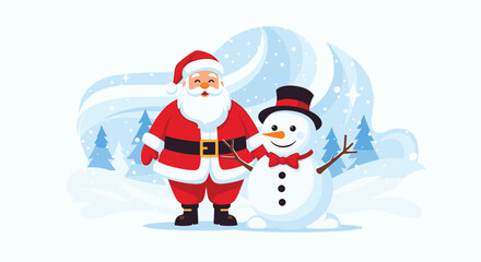 A cheerful Santa Claus is standing next to a happy snowman in a snowy forest landscape for a Christmas holiday scene.