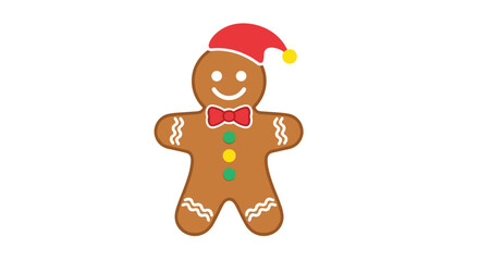 A cute and cheerful gingerbread man cookie wearing a red Santa hat and a red bow tie for the Christmas holiday season.