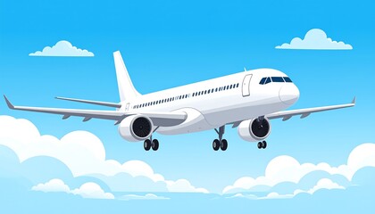 Animated white passenger jet soaring through a bright blue sky with clouds
