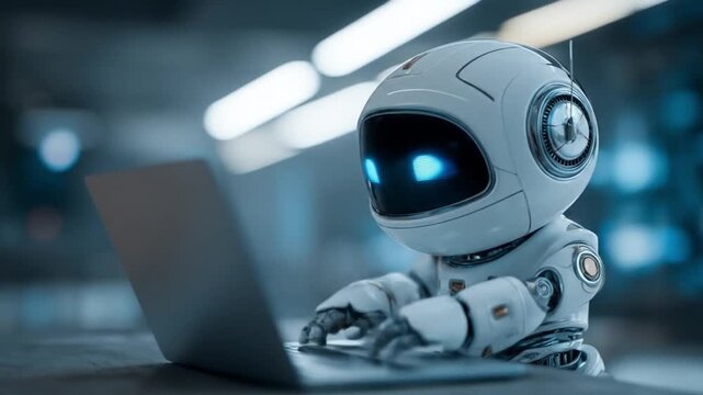 A small white robot types at a laptop in a high-tech lab under cool blue lighting. with neon glow!!