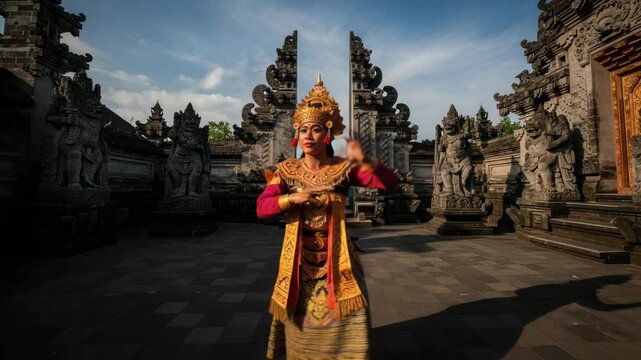 Balinese Dancer in Traditional Attire Performing at a Picturesque Temple in Bali Indonesia