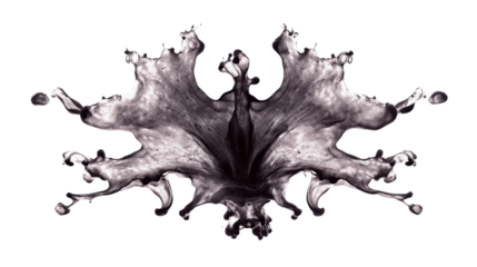Black ink splash creating abstract symmetrical wings on transparent background, forming psychological inkblot art