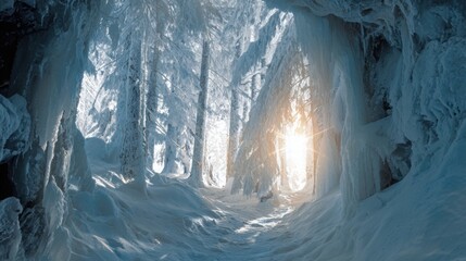 Winter forest with naturally formed ice arches and frozen tunnels between trees, sunlight scattering through icy structures, surreal breathtaking