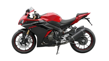 Red sport motorcycle on a white background, an isolated fast vehicle for speed and transportation with black wheels