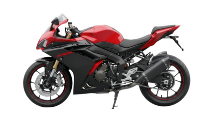 Red sport motorcycle on a white background, an isolated fast vehicle for speed and transportation with black wheels