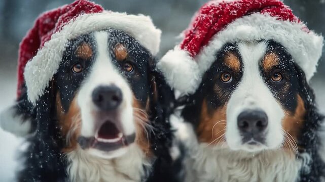 Two fluffy Bernese Mountain Dogs in Santa hats gaze warmly amid swirling snowflakes and frost, joy.!