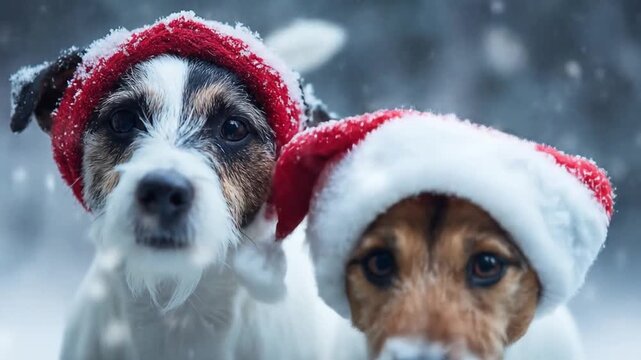 Two dogs in a snowy scene wear red-and-white Santa hats, gazing amid falling snow, with frosty sky!!