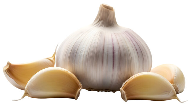 Whole garlic bulb with cloves isolated for culinary and health applications isolated on transparent background