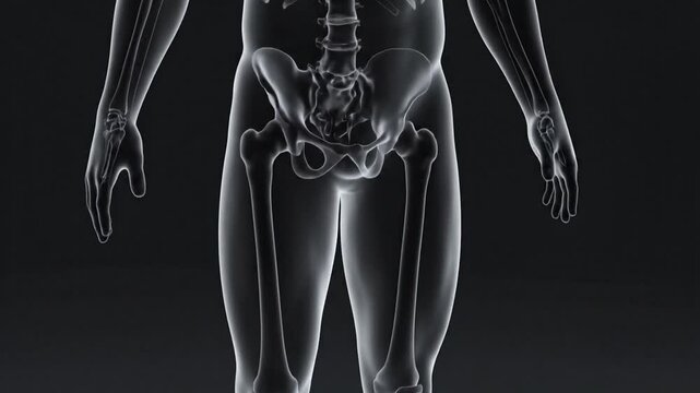 Human body with transparent skin showing pelvic bones and lower spine. Skeletal system illustration. Medical anatomy. Isolated on dark background. Lower body x-ray view. Pelvis and legs bones.