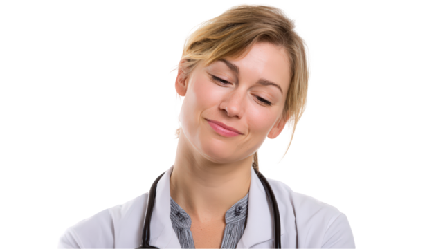 Female doctor with eyes closed feeling tired and relieved isolated on transparent background. - Powered by Adobe