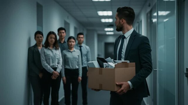 Dismissal and Downsizing: A Corporate Employee Leaving with Belongings Amidst Concerned Colleagues