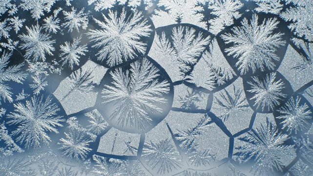 Close up of frost patterns on glass in cold weather outdoor light with a blurry blue background.