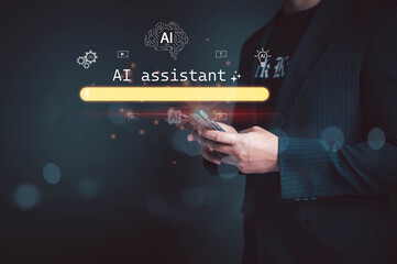 Businessman using smartphone with AI assistant search bar interface. Concept of artificial intelligence, digital assistant, voice search, and smart technology for business and productivity.