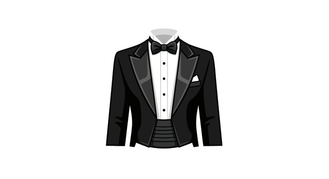 Classic black tailcoat tuxedo with a white pleated shirt bow tie and cummerbund for formal events.