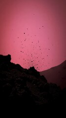 capitulating. Volcanic eruption launching rocks into a dark red sky, dramatic natural scene. travel magazines, destination branding, designed for travel destination branding, used by store managers.
