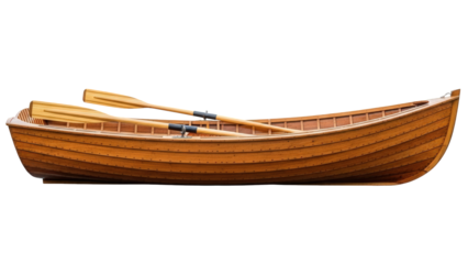 Old wooden fishing boat on the calm water of a lake with a summer coast reflection