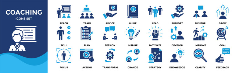 Coaching icon set collection. Icon pack contains leadership, skill, mentor, guide, train, teach, support, advise, lead, grow, inspire, goal, focus, plan, motivate, action