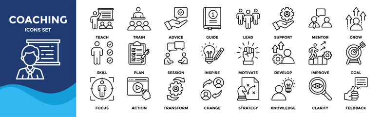 Coaching icon set collection. Icon pack contains leadership, skill, mentor, guide, train, teach, support, advise, lead, grow, inspire, goal, focus, plan, motivate, action