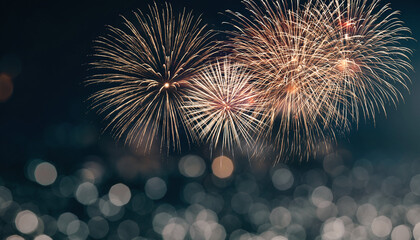 Colorful pyrotechnics burst across the dark night sky in a grand celebration display over the river