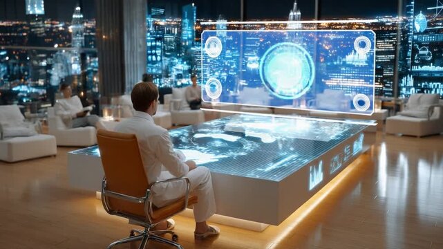 Visionary in Modern Tech Hub: A contemporary tech hub, where a visionary leader sits at the forefront of innovation, navigating the digital world amidst a stunning cityscape panorama.