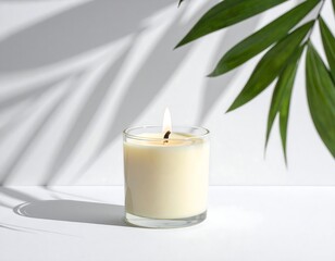 Lit candle in clear glass on white surface with palm leaf