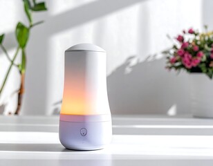 Modern, glowing air diffuser with plant and flower accents